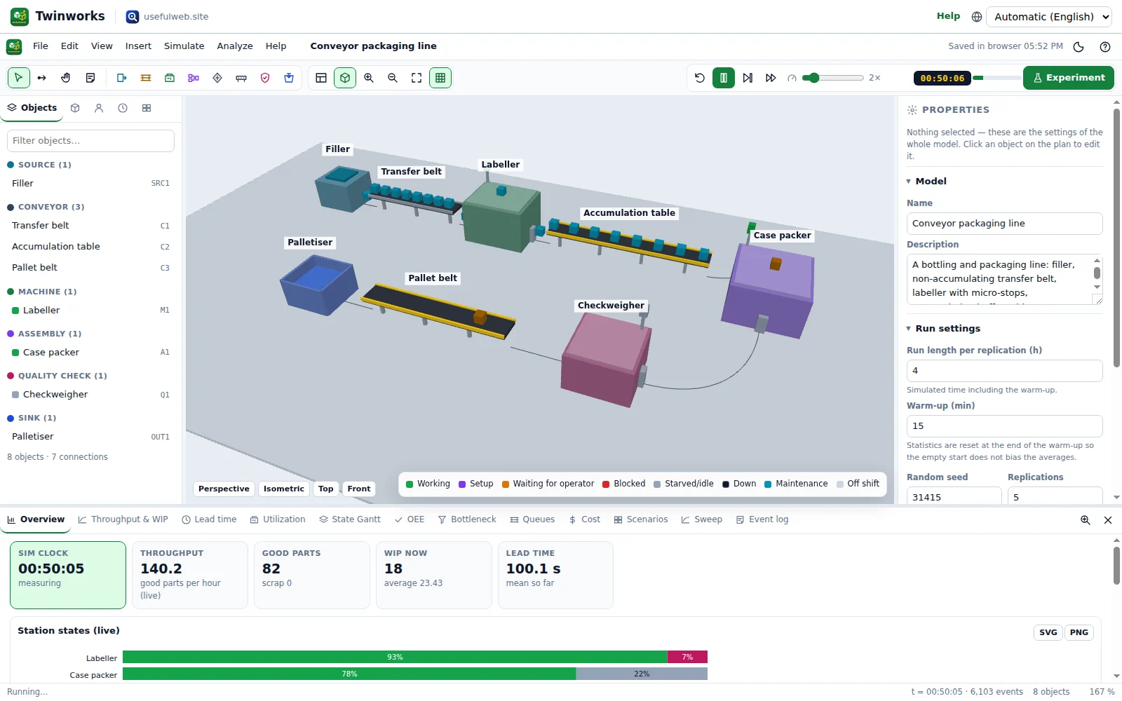 WebGL 3D view of a packaging line with conveyors, machines and parts