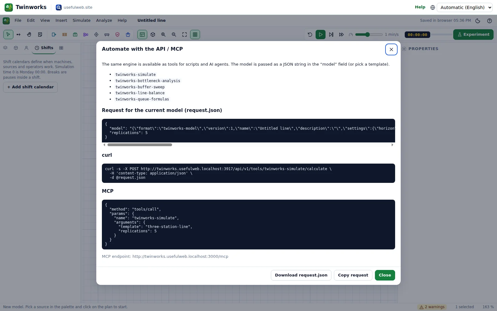 API dialog with the request for the current model